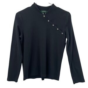 Lauren Ralph Lauren Women's Sz. M Sweater Top Black V-Neck Button Detail Cotton